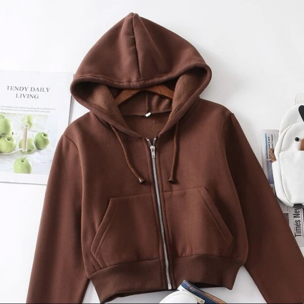 Brown Cropped Zip Up Hoodie